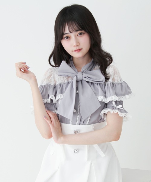DearMyLove ブラウス シャツ 上品レースフリルボウタイリボンブラウス 