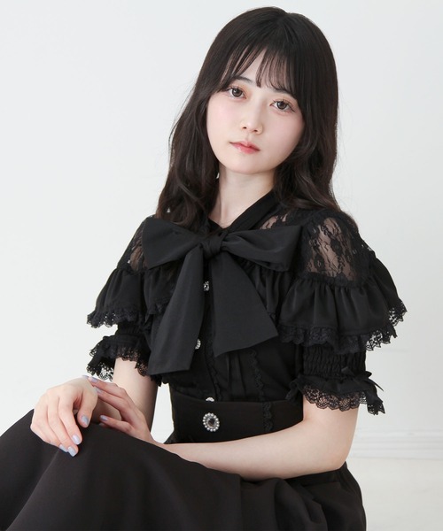 DearMyLove ブラウス シャツ 半袖 上品レースフリルボウタイリボン