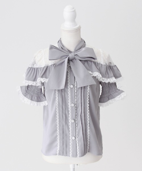 DearMyLove ブラウス シャツ 上品レースフリルボウタイリボンブラウス