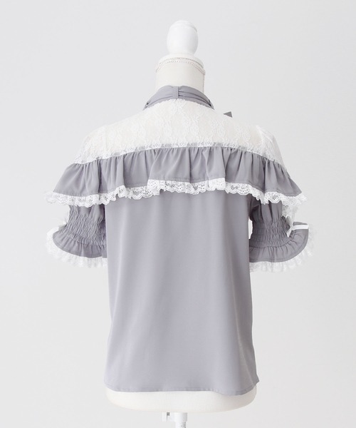 DearMyLove ブラウス シャツ 半袖 上品レースフリルボウタイリボン 
