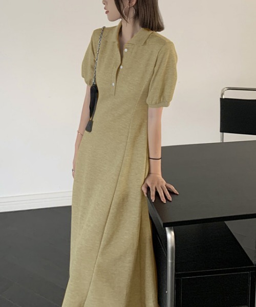 ワンピース パフスリーブポロ衿ロングワンピース 感謝価格