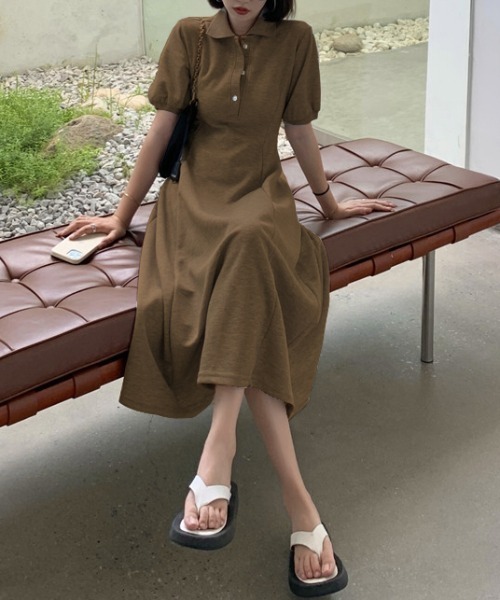 ワンピース パフスリーブポロ衿ロングワンピース 感謝価格
