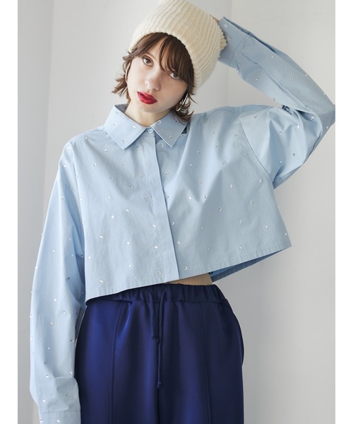jouetie レディース シャツ ブラウス ラインストーンクロップドシャツ