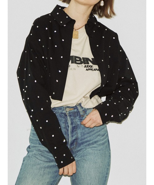 jouetie レディース シャツ ブラウス ラインストーンクロップドシャツ