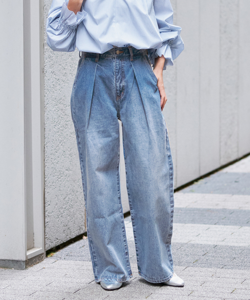 IENA パンツ デニム ジーンズ タックワイドデニム レディース
