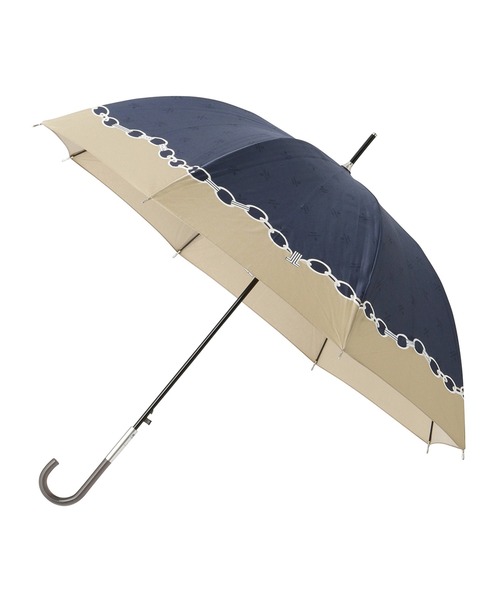 LANVIN 長傘 ネイビー/ベージュ　タグ付き、未使用 LANVIN en Bleu 傘 長傘 耐風 チェーン サテンプリント レディース