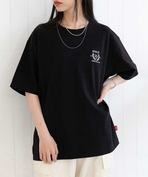 ポリーヌブロー 刺繍ロゴ ブラック オーバーサイズTシャツ POLO BCS tシャツ 「POLO BCS」Laurel oversize print Tee