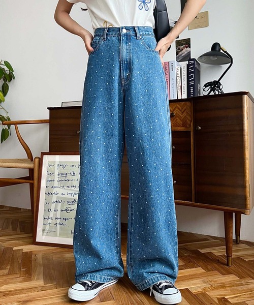 SELF PORTRAIT デニム ダイアモンド リボン ジーンズ Cream Denim Diamante Bow Jeans – self-portrait-US