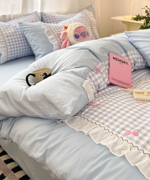 ベッド 寝具 ギンガムリボン柄フリルベッドカバー4点セット