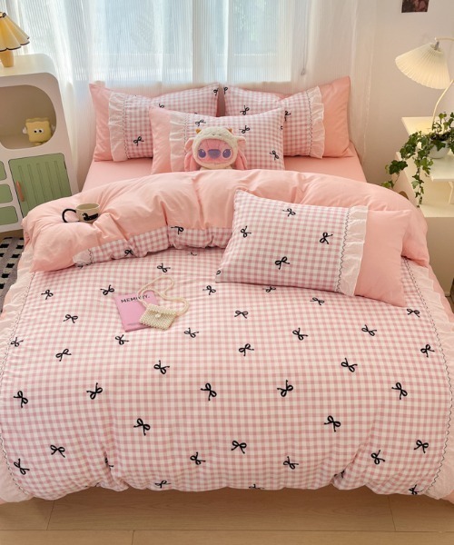 ベッド 寝具 ギンガムリボン柄フリルベッドカバー4点セット