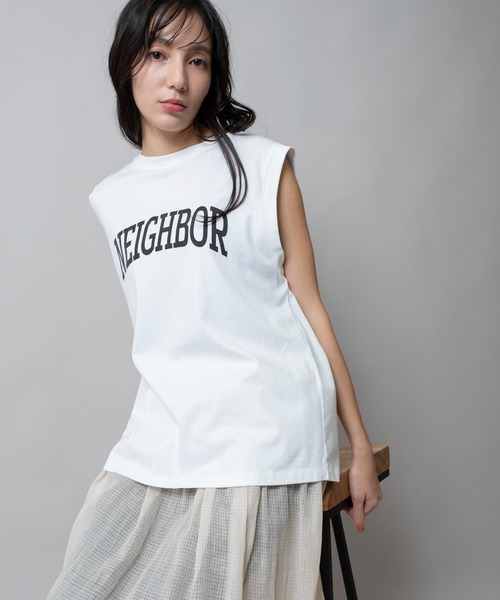 tシャツ スリーブレスロゴプリントＴシャツ レディース