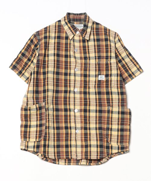 【美品】SASSAFRAS チェクシャツ SASSAFRAS 「SASSAFRAS」 チェック柄半袖シャツ S ベージュ