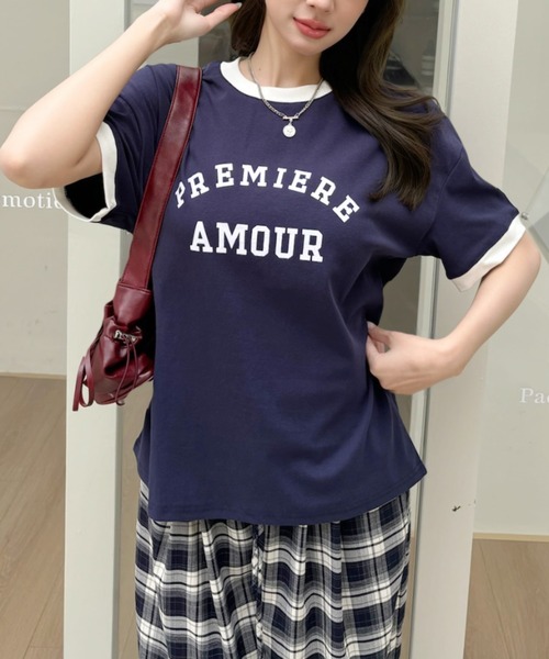 Ada. tシャツ 半袖 カレッジロゴ リンガー Tシャツ レディース