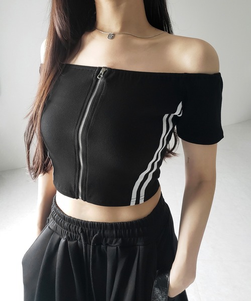 M me eme エムエメ オフショル トップス M me eme／Ribbon off shoulder shaggy knit tops (eme10525