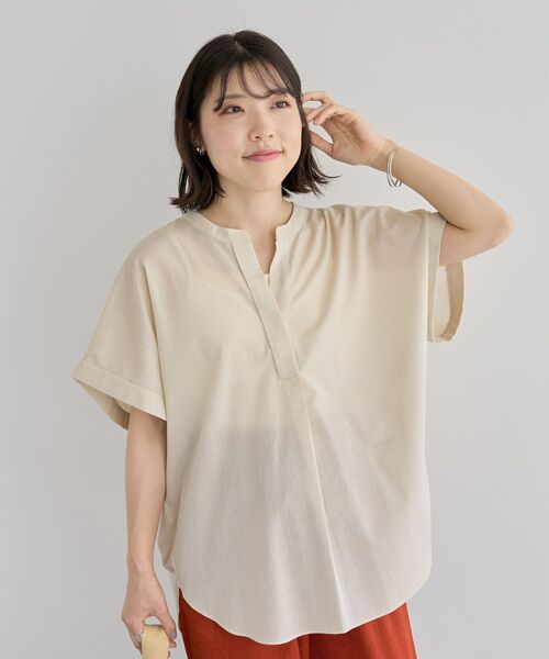 ブラウス シャツ リネン フレンチスリーブ スキッパー シャツ レディース Green Parks ブラウス シャツ 綿麻混フレンチスリーブスキッパー
