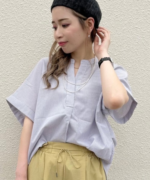 Green Parks ブラウス シャツ 綿麻混フレンチスリーブスキッパー