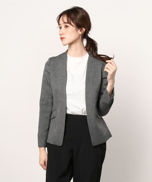 美品【グリーンレーベルリラクシング】ノーカラーグレー×ブラック　38 M green label relaxing 「green relaxing」 ノーカラージャケット