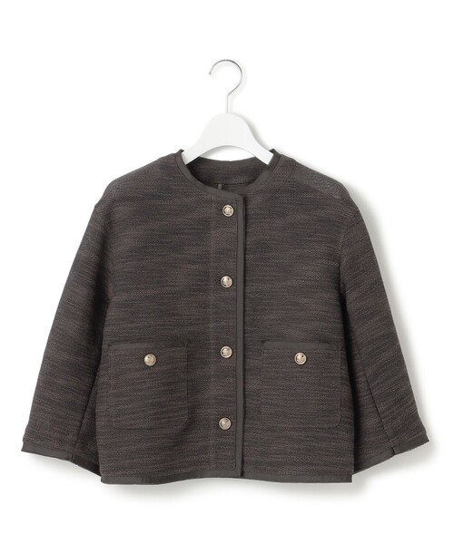 美品 MaxMara ノーカラージャケット 38 ボーダー サマーツイード ジャケット ノーカラージャケット サマーツイード 7分袖 レディース