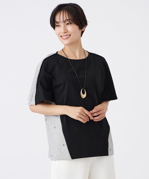 tシャツ 「マシンウォッシャブル」ストライプジャカードコンビカットソー レディース