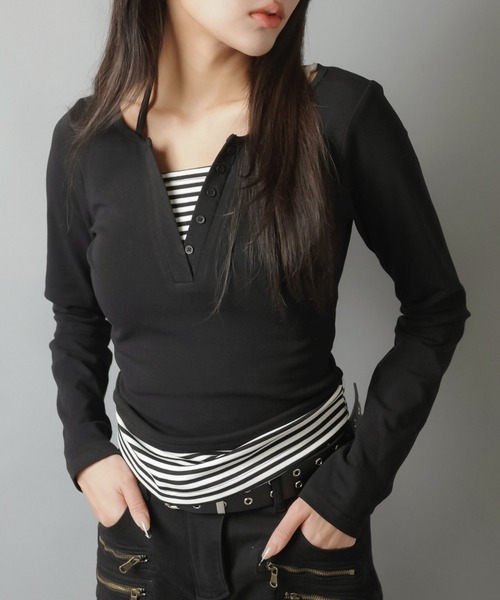 SPINNS（スピンズ） tシャツ キャミソールレイヤード風長袖ボーダー