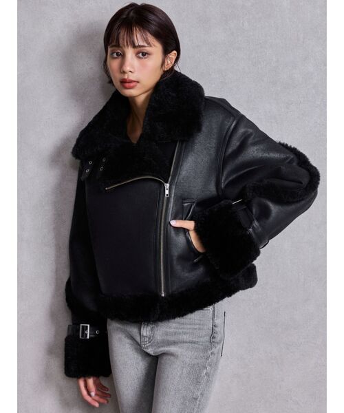 美品 セマンティックデザイン ライダース ムートンジャケット ボア ファー 黒M 美品 セマンティックデザイン ライダース ムートンジャケット ボア