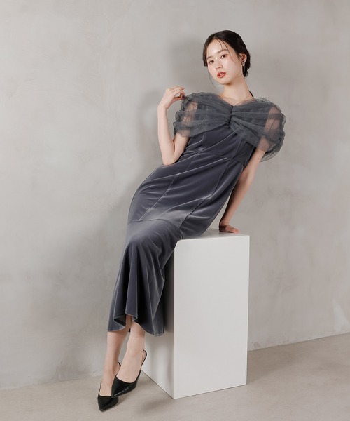 Kana ドレス チュール ビジュー ドット ドッキング ベロア マーメイド