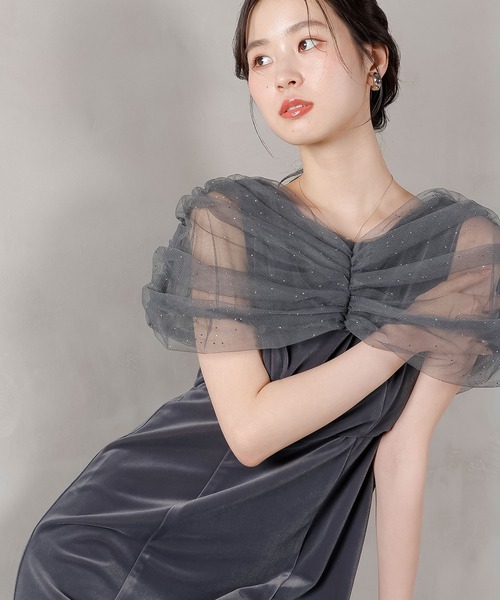 Kana ドレス チュール ビジュー ドット ドッキング ベロア マーメイド