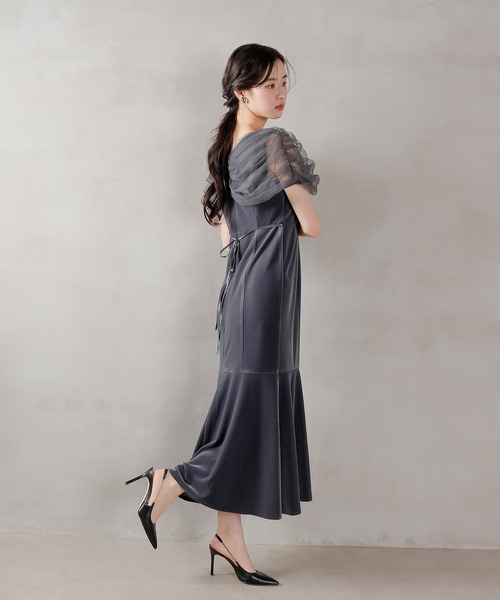 Kana ドレス チュール ビジュー ドット ドッキング ベロア マーメイド