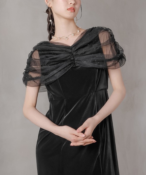 Kana ドレス チュール ビジュー ドット ドッキング ベロア マーメイド