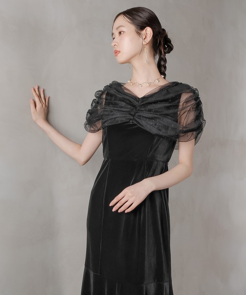 Kana ドレス チュール ビジュー ドット ドッキング ベロア マーメイド