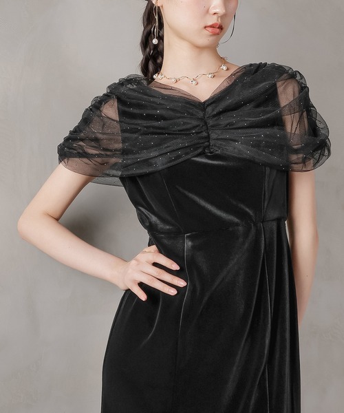 Kana ドレス チュール ビジュー ドット ドッキング ベロア マーメイド