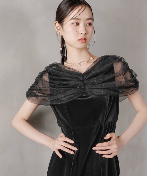 Kana ドレス チュール ビジュー ドット ドッキング ベロア マーメイド