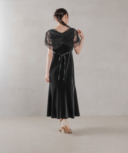 Kana ドレス チュール ビジュー ドット ドッキング ベロア マーメイド