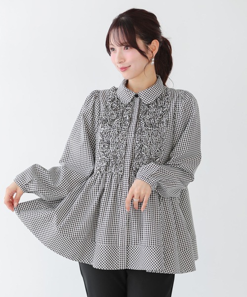 Fit more(フィットモア) ブラウス シャツ ギンガムチェックフリル Fit more(フィットモア) ブラウス シャツ ギンガムチェックフリル