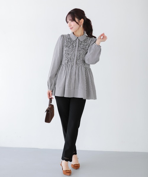 fitmore ペプラムギンガムチェックリボントップス 袖フリルギンガムペプラムブラウス【宅配便】 | Fit more