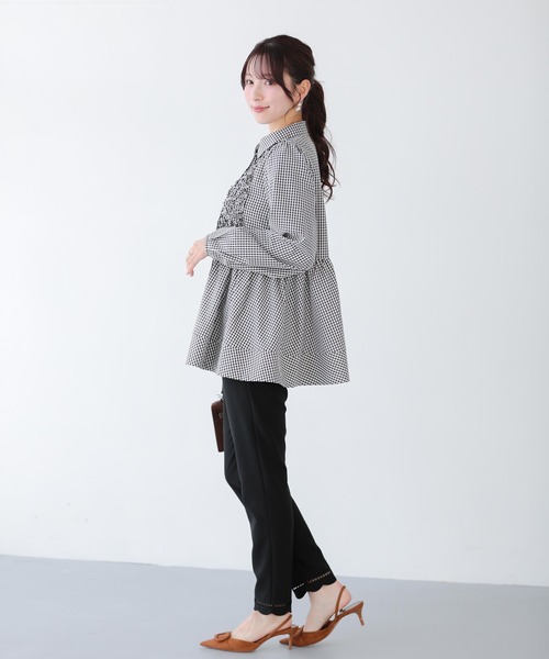 Fit more（フィットモア） ブラウス シャツ ギンガムチェックフリル
