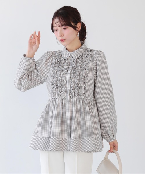 Fit more（フィットモア） ブラウス シャツ ギンガムチェックフリル