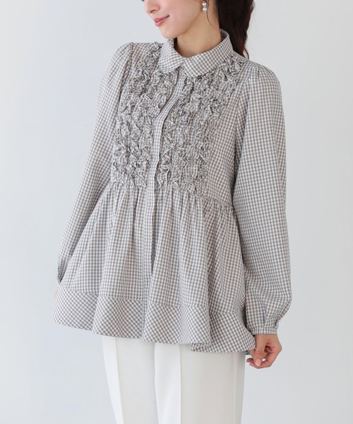 Fit more（フィットモア） ブラウス シャツ ギンガムチェックフリル