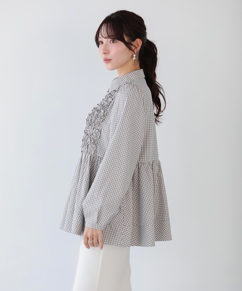 fitmore ペプラムギンガムチェックリボントップス 袖フリルギンガムペプラムブラウス【宅配便】 | Fit more