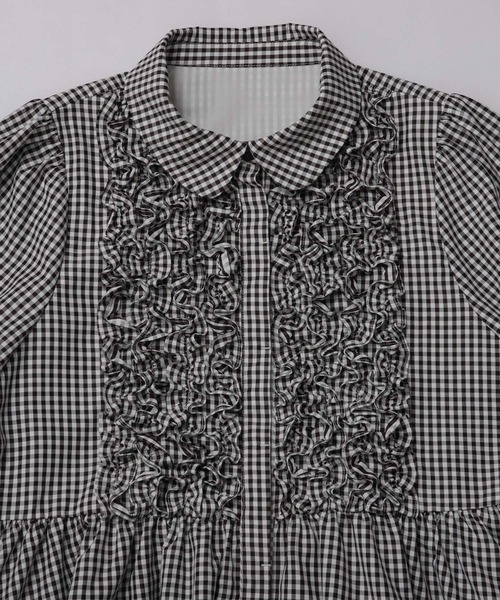 【Fit more】袖フリルギンガムペプラムブラウス Fit more（フィットモア） ブラウス シャツ 袖フリルギンガムペプラム