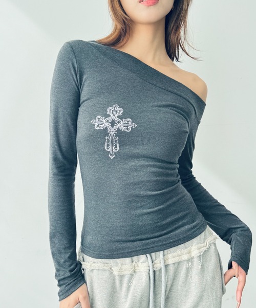 Y2K SYNAPSE FACTORY tシャツ 「クロスオフショルダー」ロングTシャツ