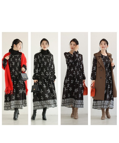 cawaii ワンピース （黒）花と花を結ぶ胸元シャーリングミディアム