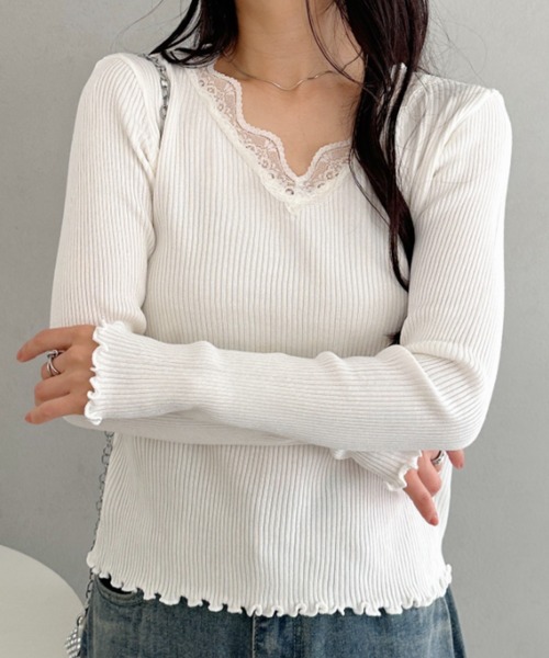 トップス CLEA CLEA tシャツ Vネックレースリブメロウトップス レディース : ZOZOTOWN