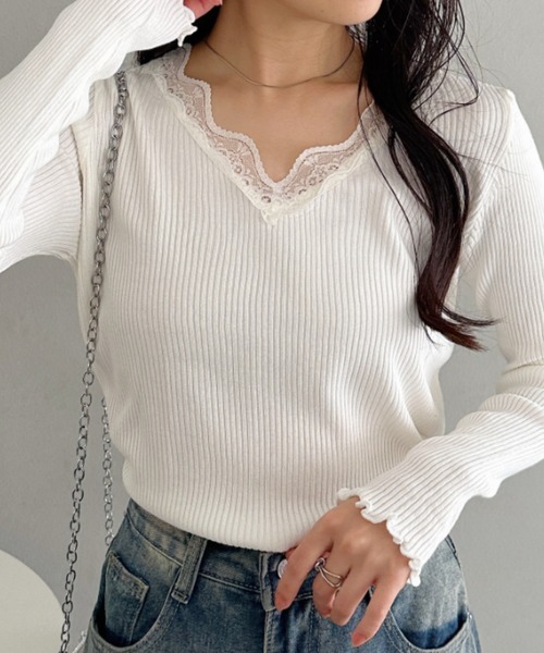 CLEA tシャツ Vネックレースリブメロウトップス レディース : ZOZOTOWN