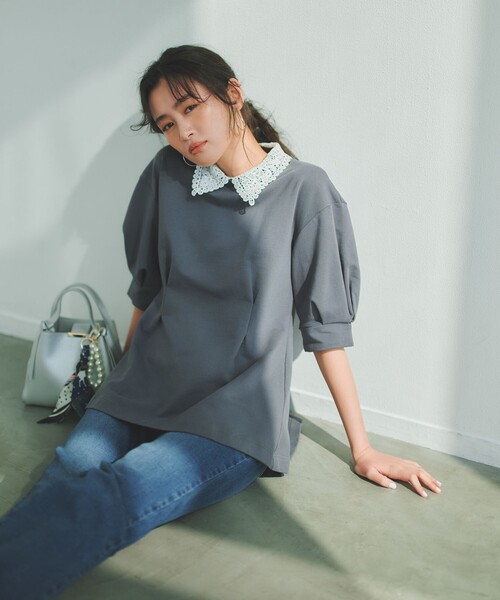 組曲　レース襟フレンチテリー カットソー　Lサイズ 新品 組曲（KUMIKYOKU） tシャツ レース襟フレンチテリーフレア カットソー