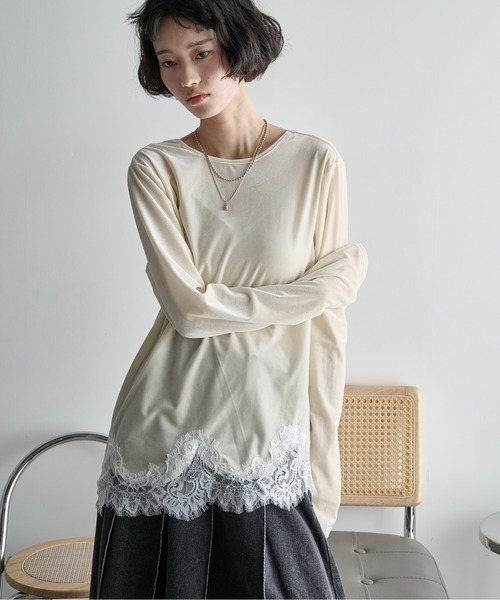 THE Yon tシャツ 2WAYレースヘムベロアロンT レディース : ZOZOTOWN