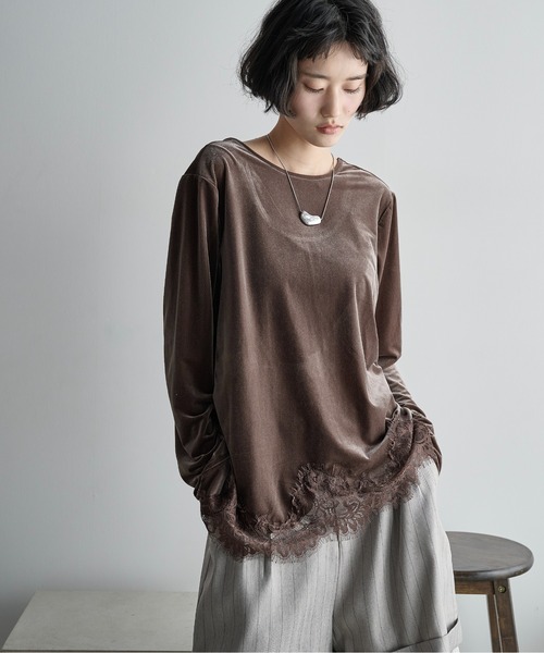 新品未使用品　トルネードマート　シルバー　ベロアレースアップ長袖カットソー THE Yon tシャツ 2WAYレースヘムベロアロンT レディース : ZOZOTOWN