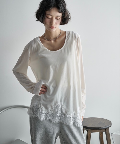THE Yon tシャツ 2WAYレースヘムベロアロンT レディース : ZOZOTOWN