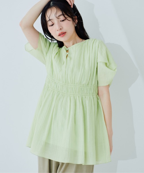 ブラウス シャツ 「osono」ねじり袖ペプラムチュニック レディースの画像