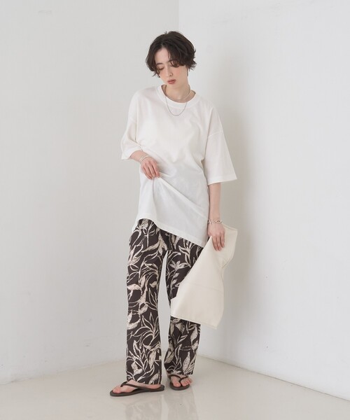ワイドパンツ パンツ リーフプリントルーズテーパードパンツ/ウエストゴム/ポケット付き/夏服 レディースの画像